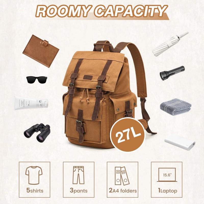 Kattee Menâ€™s Leather Canvas Backpack Large School Bag Travel Rucksack Khaki - Image 4